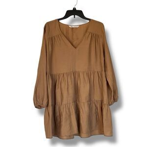 Zara Long Sleeve  Dress Tiered Oversized Mini Tan Bohemian Size Small